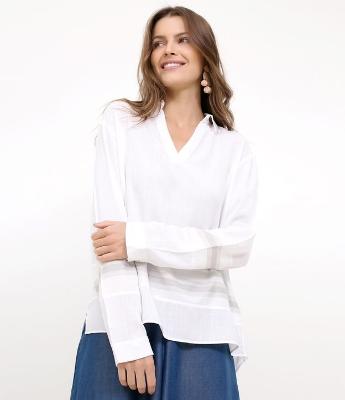Blusa com Decote V e Listra na Barra 